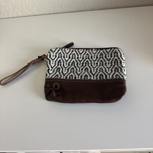 Myra Bag Black & White Patterned Wristlet with Brown Leather Trim